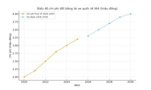 Biểu đồ chi phí đổi bằng lái xe quốc tế IAA giai đoạn 2020–2025 và dự đoán 2026–2030