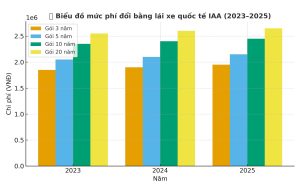 Biểu đồ cột minh họa mức phí đổi bằng lái xe quốc tế IAA giai đoạn 2023–2025